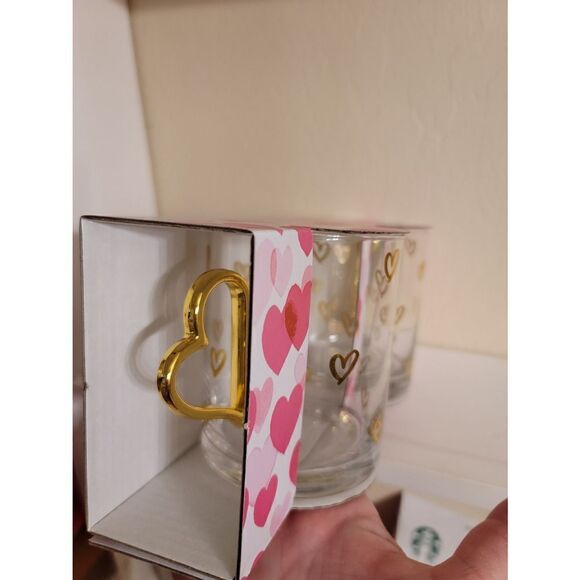 Valentines glass heart handle coffee mug clear with gold hearts set of 2 - Picture 11 of 13